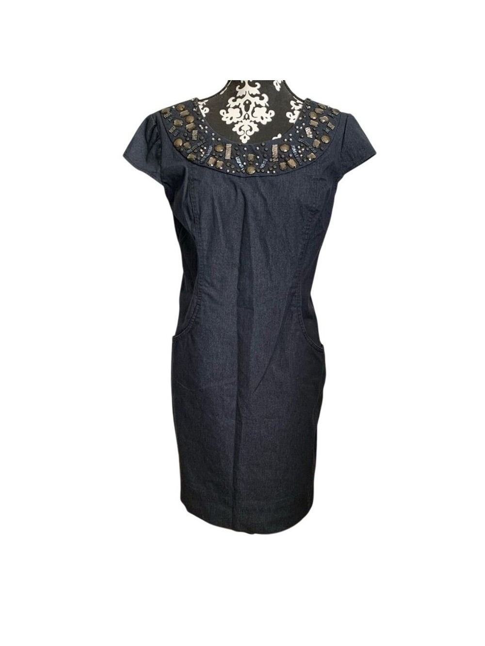 dressbarn Petite 12 Embellished Black Denim Dress